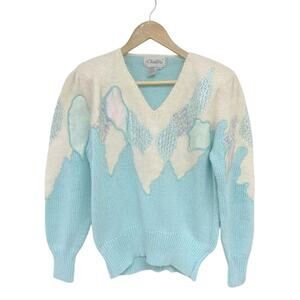 Vintage Women's Christine Patterned Knit Blue White V-Neck Sweater Size L